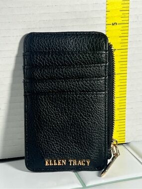 Ellen Tracy Black Leather Card Wallet with Gold Zipper Accent